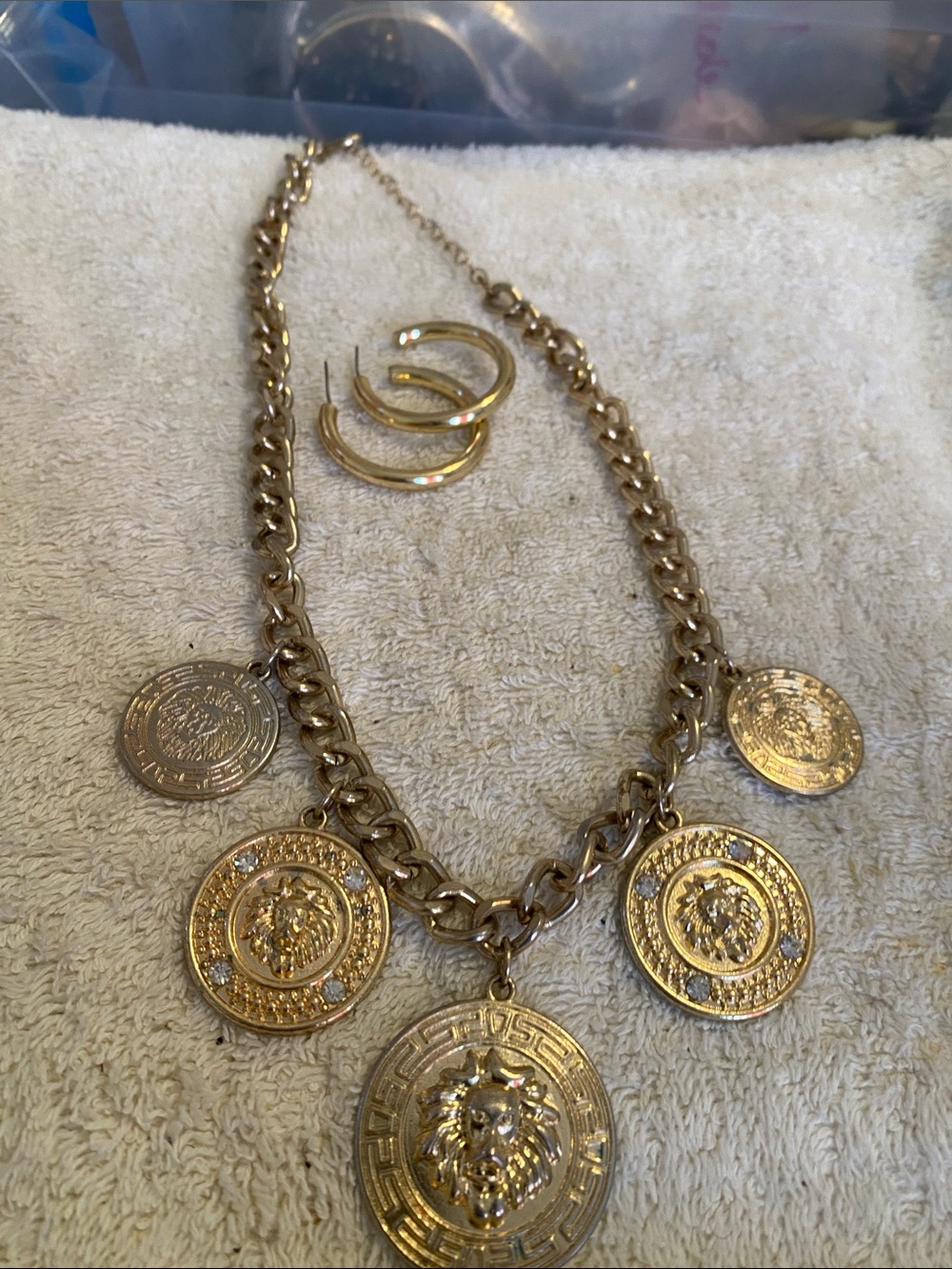 Gold Lion Medallion Statement Necklace with Matching Hoops